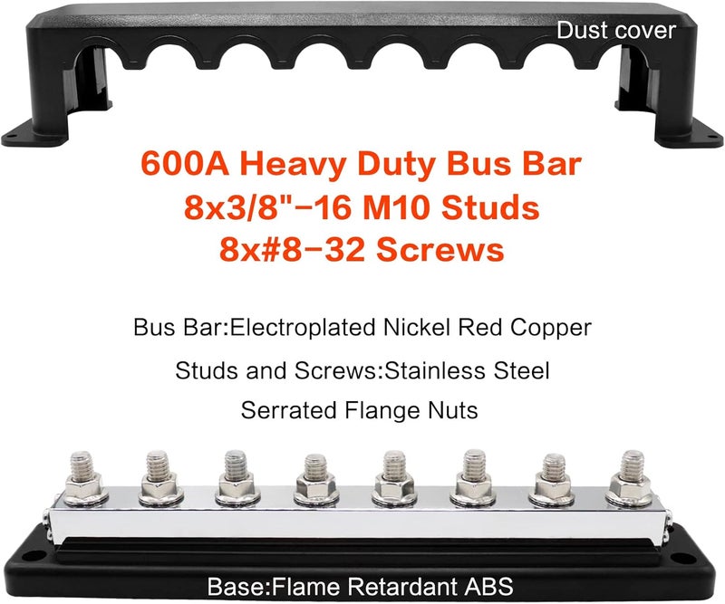 AMOMD 600 A High Current Copper Bus Bar 300V AC / 48V DC 8 Way 3/8 inch (M10) Studs 8#8-32 Screws Electrical Terminal Ground Distribution Block Battery Buss Bars with Cover (Black) - Image 2